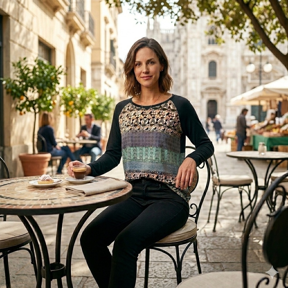 Milano Long Sleeve Top with Geometric Patterns - Black, Blue, Green